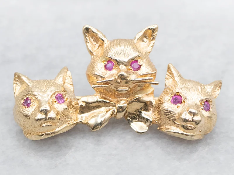 Rose Gold Brooch-Gold Cat Brooch with Synthetic Ruby Eyes