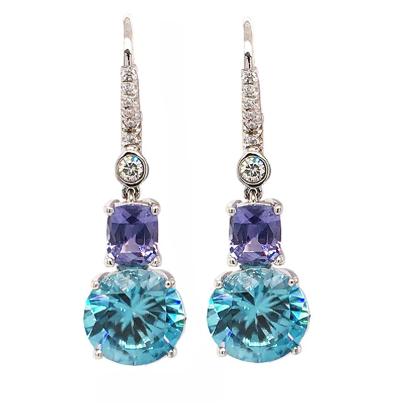 Silver Earrings-Zircon, Lavender Sapphire and Diamond Drop Earrings