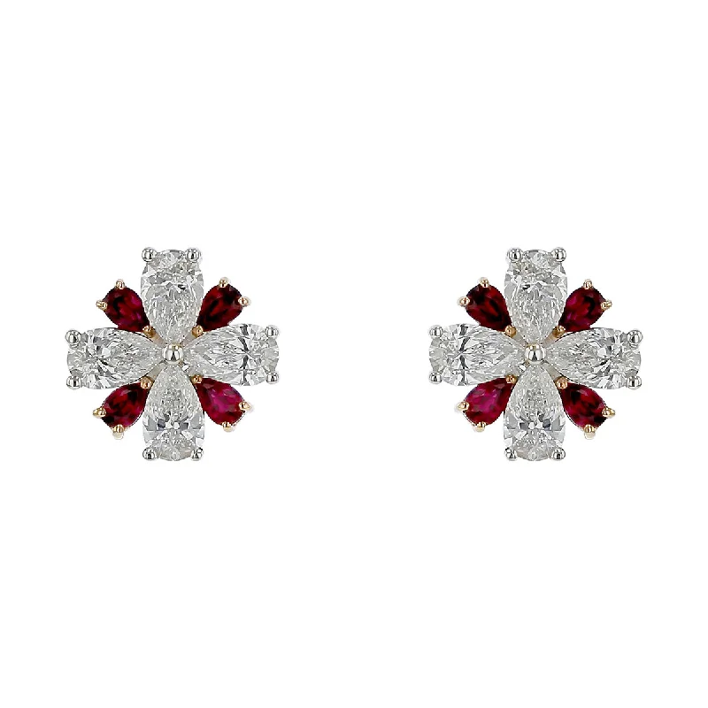 Crystal Drop Earrings-Scallop Jubilee Pear Shape Ruby and Diamond Earrings in 18K White Gold