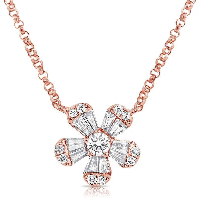 Handmade Gold Necklaces-14K Rose Gold Diamond Small Flower Necklace