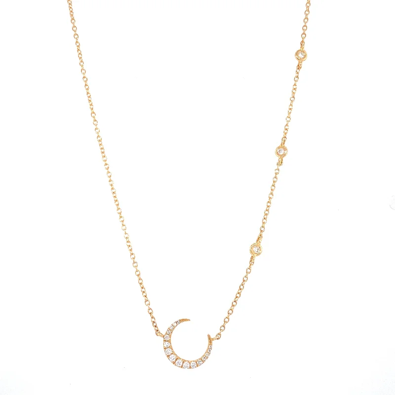 Simple Necklaces-14K Yellow Gold Diamond Crescent Moon + Diamond Bezel Necklace