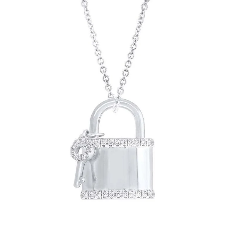 Platinum Necklaces-14K White Gold Diamond Locket And Key Necklace