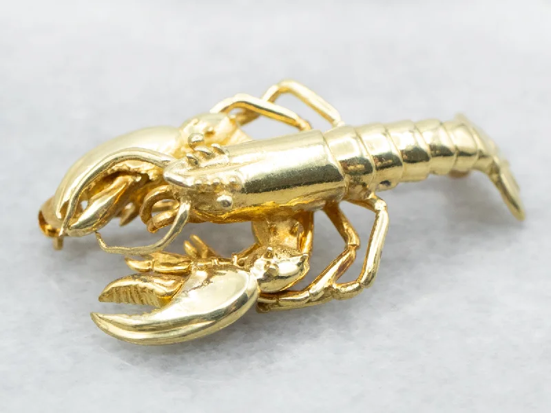 Artistic Brooch-Yellow Gold Lobster Brooch with Moving Claws