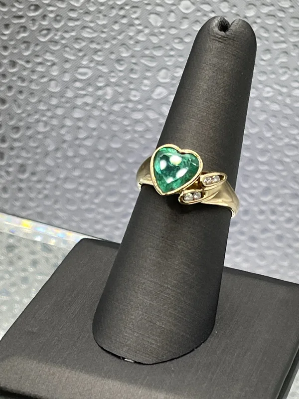 Diamond Wedding Bands-18 Karat Yellow Gold Heart Shaped Emerald and Diamond Ring