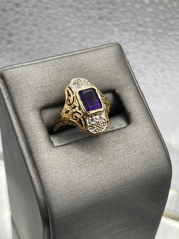 Luxury Platinum Wedding Rings-Ladies Antique Filagree 14 Karat  Amethyst & Diamond Ring