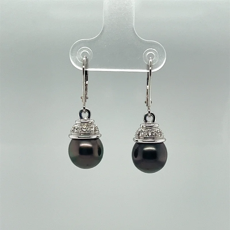 Bold Stud Earrings-Tahitian Pearl and Diamond Euro Wire Dangle Earrings