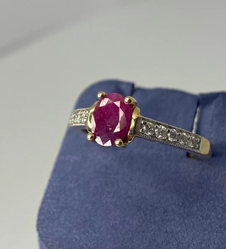 Three-Stone Engagement Rings-Yellow Gold Oval-Shape Natural Ruby and Diamond Ring