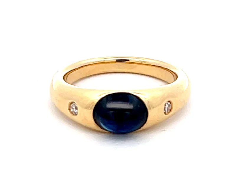 Anniversary Rings-Oval Cabochon Blue Sapphire Diamond Ring in 18k Yellow Gold