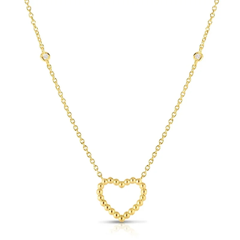 Oval Pendant Necklaces-14K Yellow Gold Beaded Heart Diamonds by the Yard Necklace