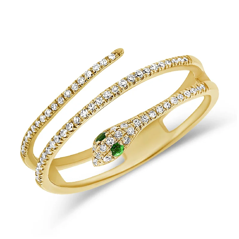 Citrine Rings-Striking Double Coil Snake Ring with Diamonds and Green Tsavorite in 14K Gold