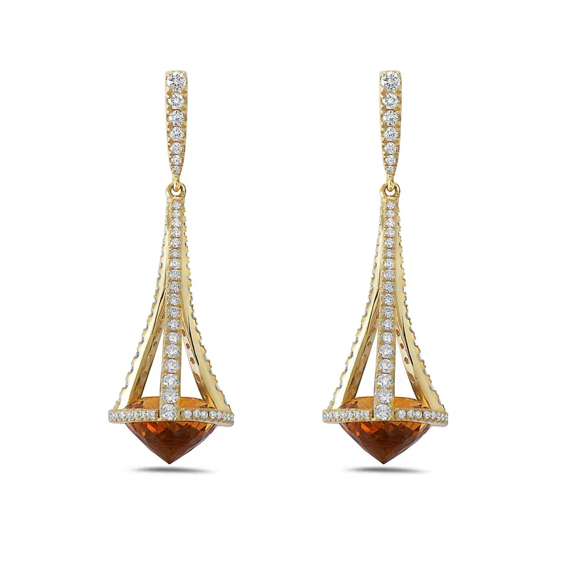 Mixed Metal Earrings-Pastel Citrine and Diamond Chandelier Earrings in 18K Yellow Gold