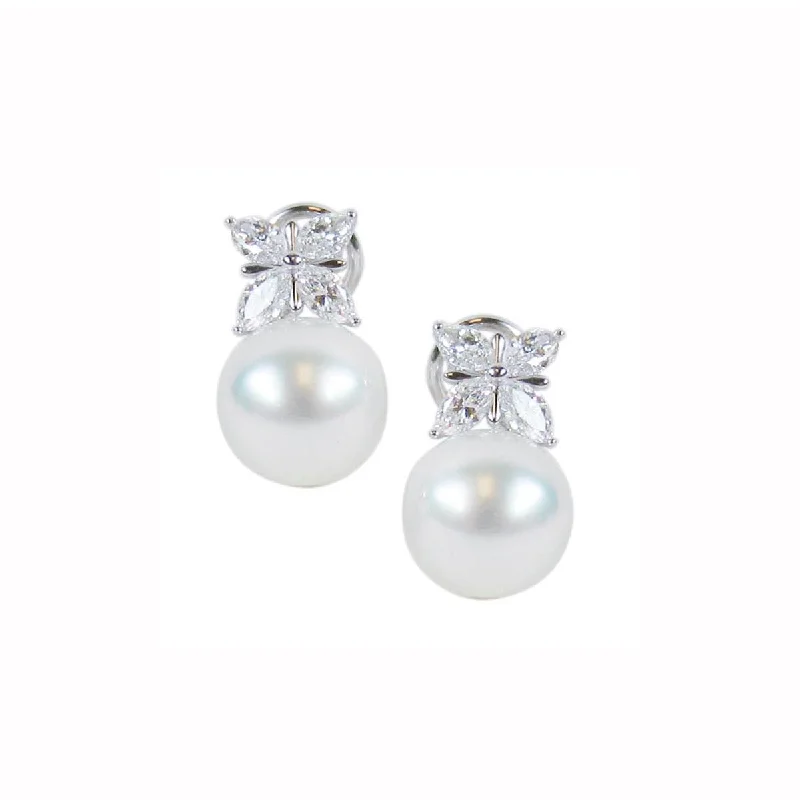 Elegant Earrings-White South Sea Cultured Pearl and Diamond Earrings