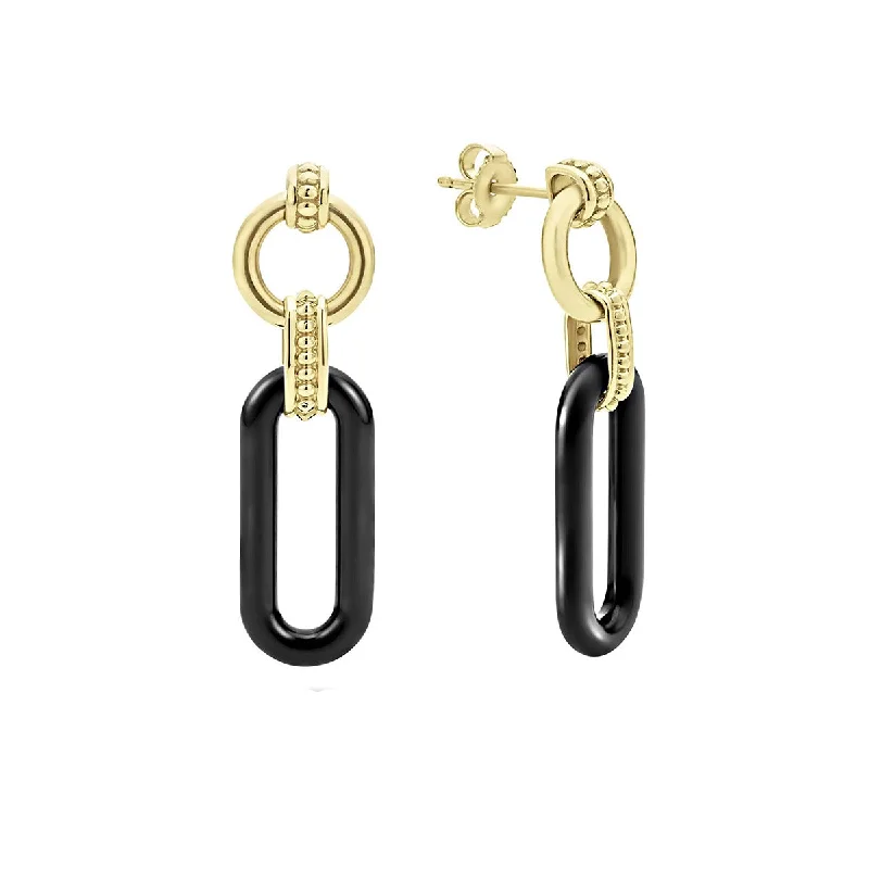 Twisted Earrings-18K Gold and Black Ceramic Link Drop Earrings