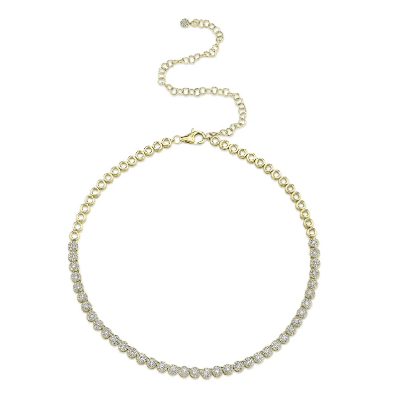 Infinity Necklaces-14K Yellow Gold Halo Diamond Choker Tennis Necklace