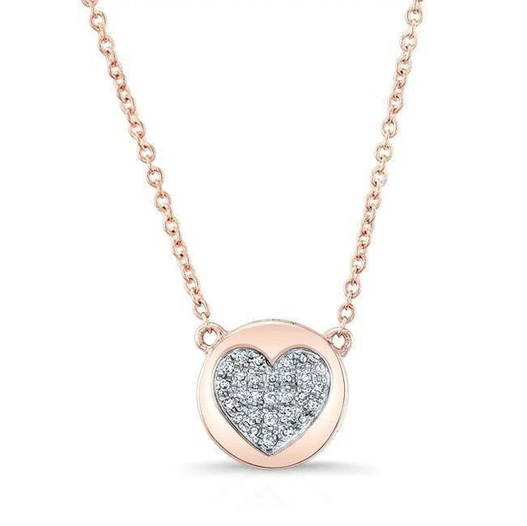 Silver Chain Necklaces-14K Rose Gold Diamond Double Sided Disc and Pave Heart Pendant