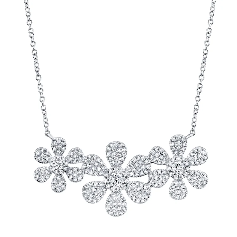 Chunky Gold Necklaces-14K White Gold Diamond Tri-Flower Necklace