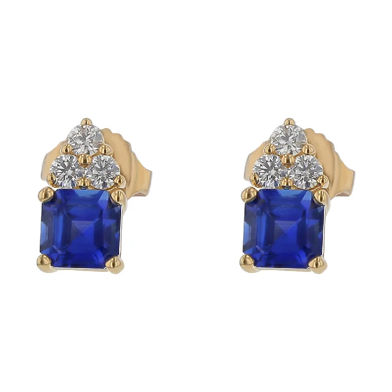 Handmade Gold Earrings-1.56ct 5mm Asscher Sapphires (H) 0.24ct Full Cut Diamonds Earrings in 18k Yellow Gold