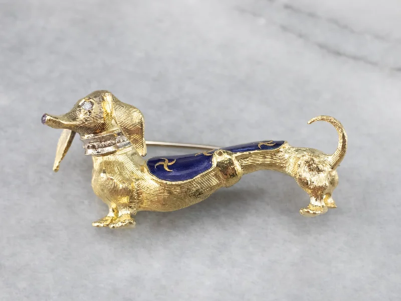 Sapphire Brooch-Dachshund Diamond and Enamel Brooch