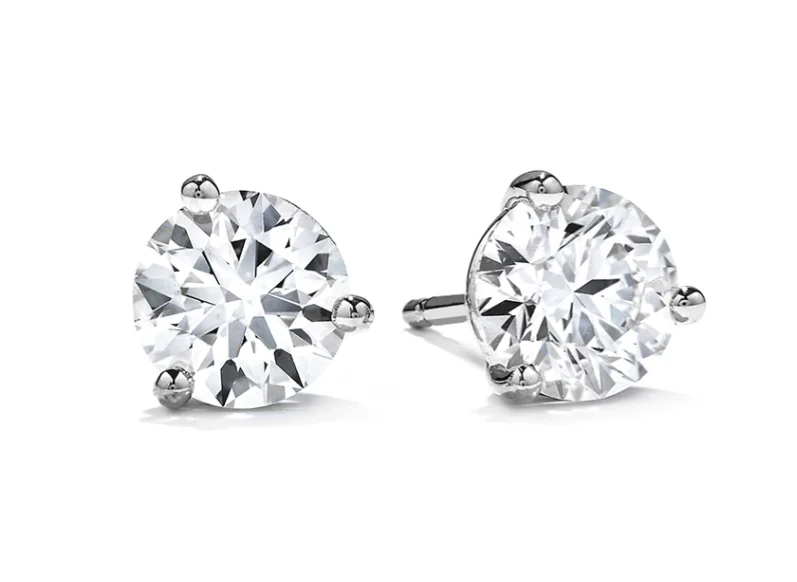 Vintage Drop Earrings-Hearts On Fire Round Brilliant Diamond 3-Prong Stud Earrings in 18K White Gold