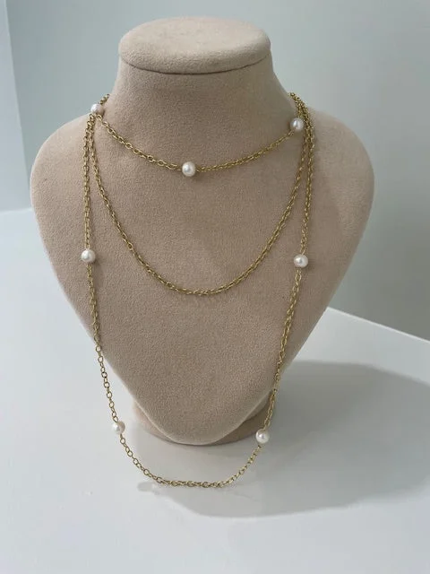 Elegant Necklaces-3-Chain Cultured Pearl Lariat Necklace 14k Yellow Gold Cable Chain 17"