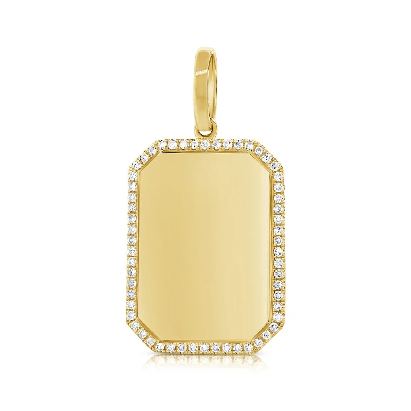 Vintage Necklaces-14K Yellow Gold Diamond Border Polished Charm Pendant-Engraveable