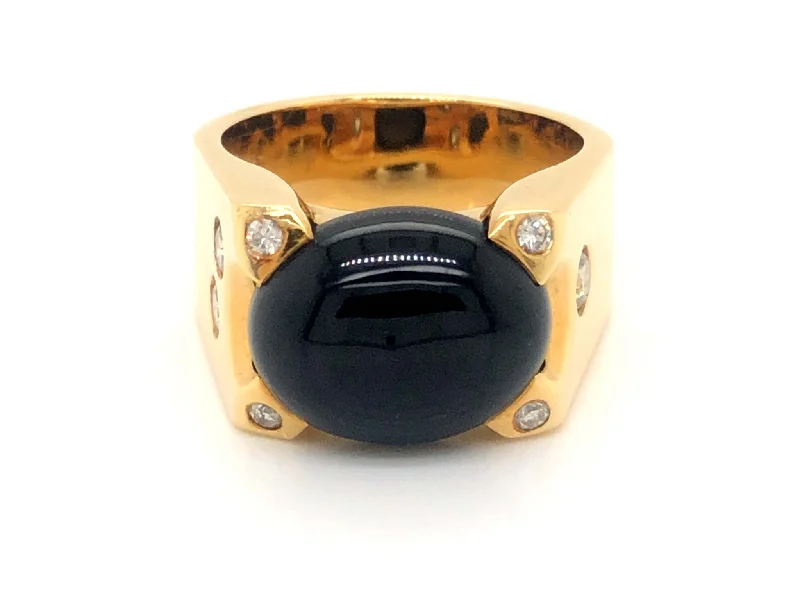 Claddagh Rings-Men's Modern Black Jade and Diamond Ring - 18k Yellow Gold