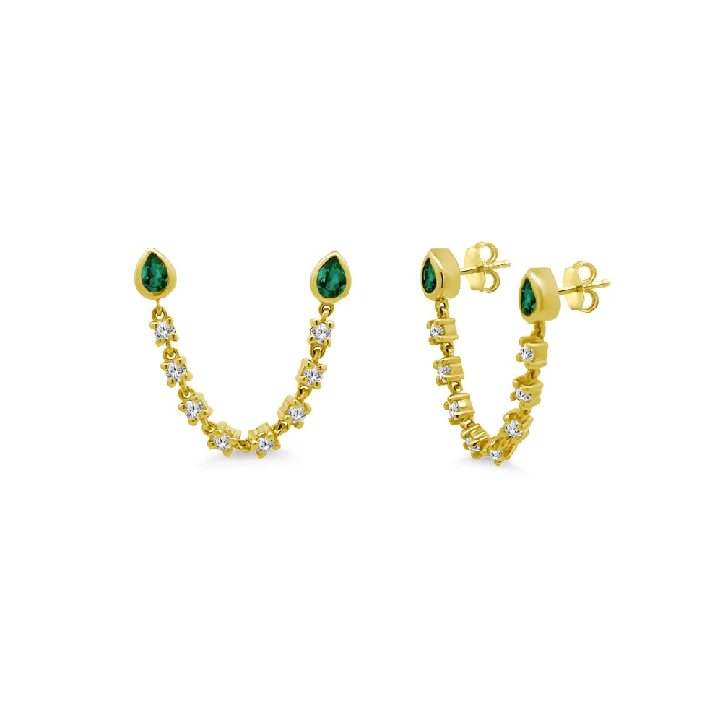 Large Drop Earrings-Emerald Pearl Bezel & Diamond Chain Stud