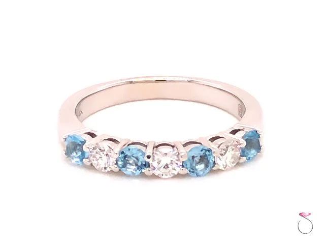 Gemstone Engagement Rings-Aquamarine and Diamond Anniversary Band, Designer Ring in 14k White Gold