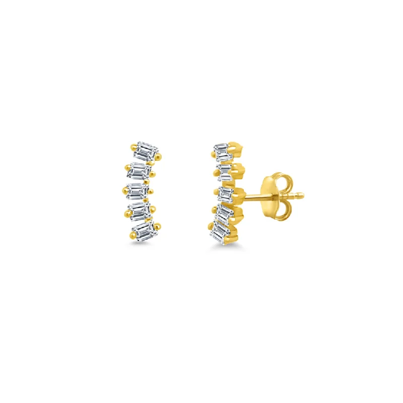 White Pearl Earrings-Dainty Baguette Ear Crawler