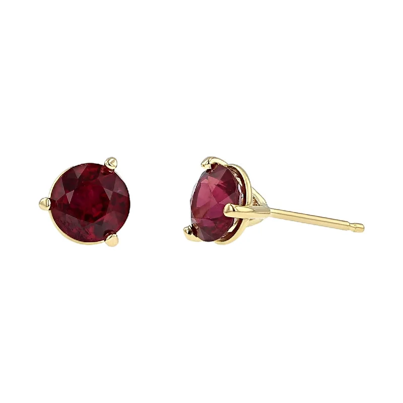 Luxury Earrings-18K Yellow Gold 3-Prong Ruby Stud Earrings