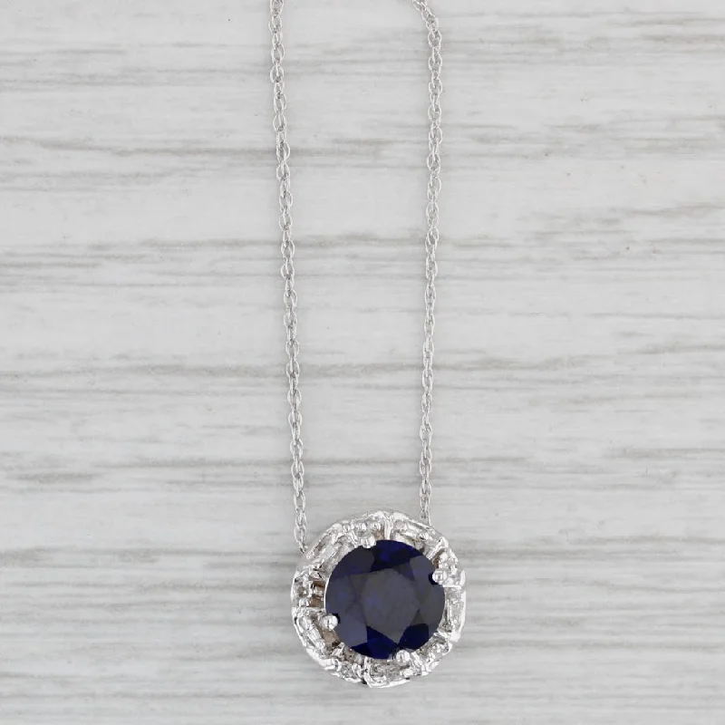 Geometric Silver Necklaces-1.88ctw Lab Created Blue Sapphire Diamond Halo Pendant Necklace 10k White Gold