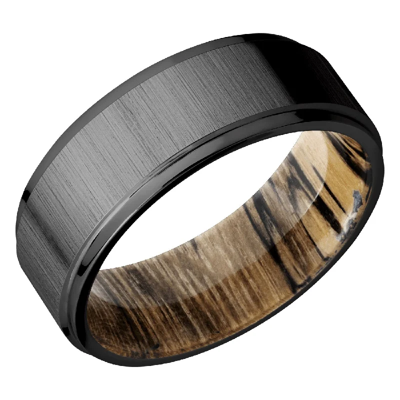 Emerald Cut Rings-Lashbrook 7MM Zirconium Wedding Band with a Spalted Tamarind Sleeve