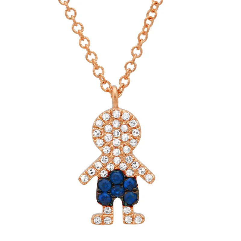 Faux Pearl Necklaces-14K Rose Gold Diamond and Blue Sapphire Boy Necklace