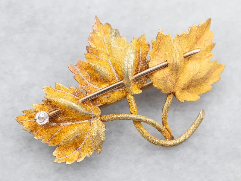 Floral Brooch for Dresses-Antique Old Mine Cut Diamond Three Leaf Brooch