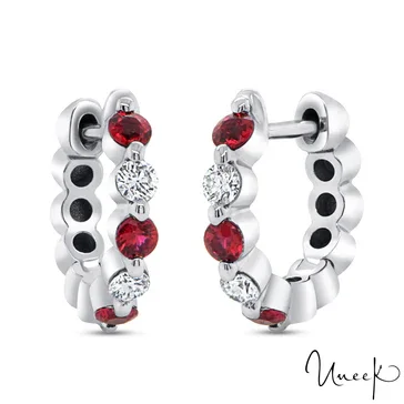 Artistic Drop Earrings-Ruby and Diamond Huggie Hoop Earrings in 14K White Gold