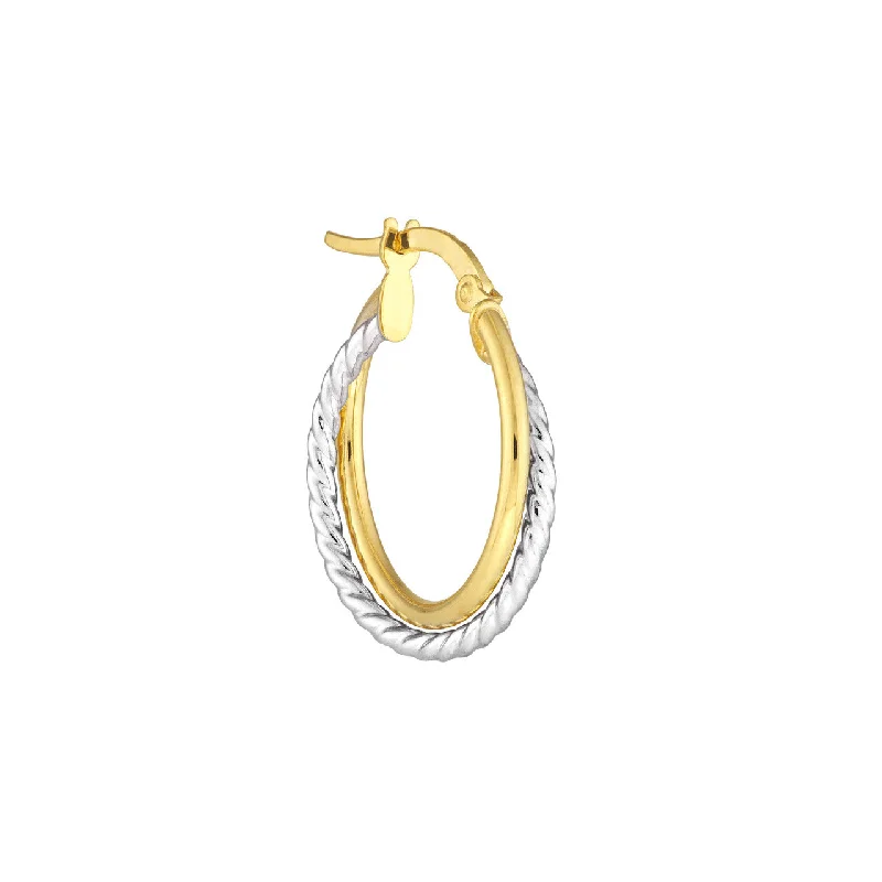 Long Hoop Earrings-Plain and Twisted Intertwined Hoop Earrings in 14K Yellow and White Gold, 15mm