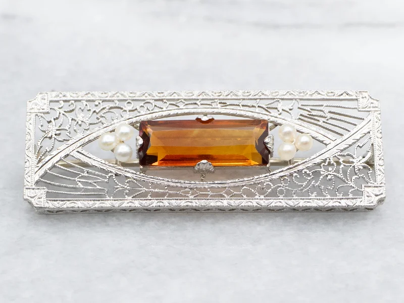 Brooch Pin for Fashion-Art Deco Citrine and Seed Pearl Filigree Brooch