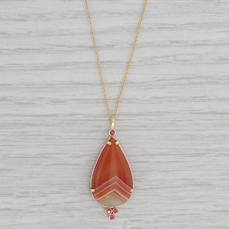 Romantic Necklaces-Orange Banded Agate Pink Tourmaline Pendant Necklace 18k Gold 18" Cable Chain