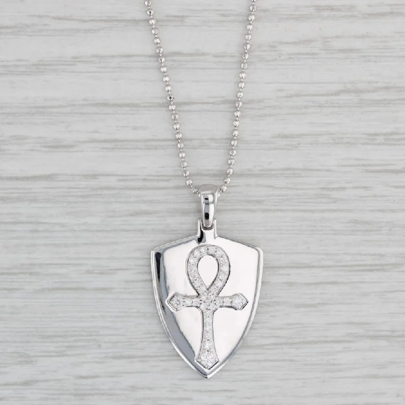 Statement Necklaces-New 0.25ctw Diamond Ankh Shield Pendant Necklace 14k White Gold Bead Chain