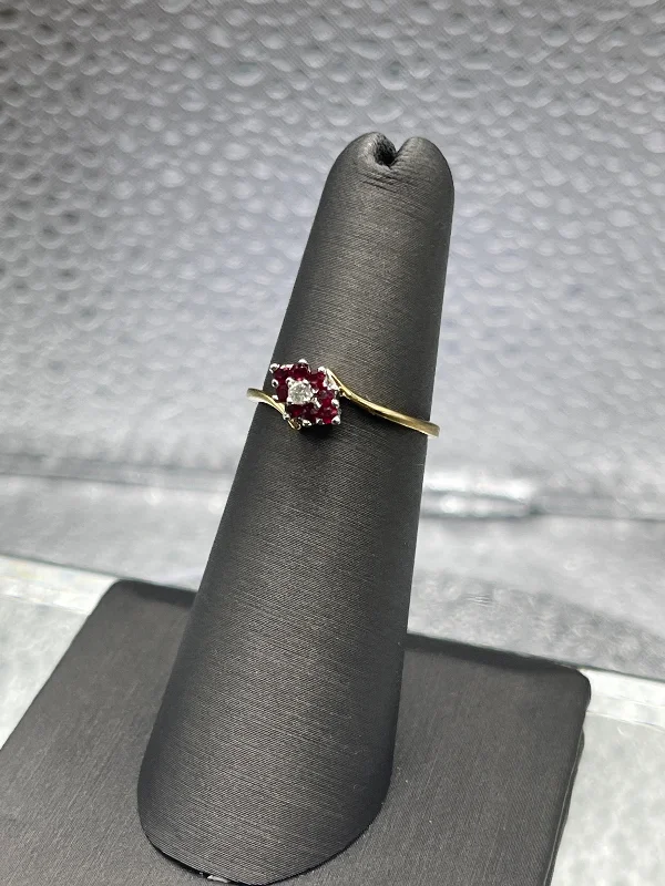 Men's Wedding Rings-Ladies Beautiful 14 Karat Yellow Gold Ruby & Diamond Floral Cluster Ring