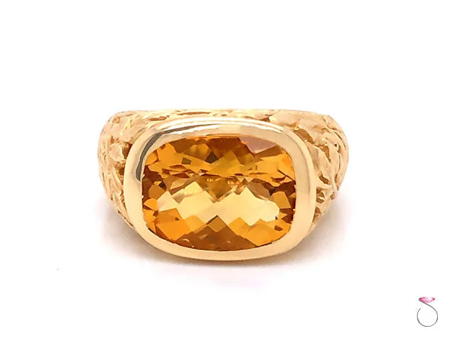 Vintage Rings-Citrine Cushion Cut Designer Ring with Leaf Motif