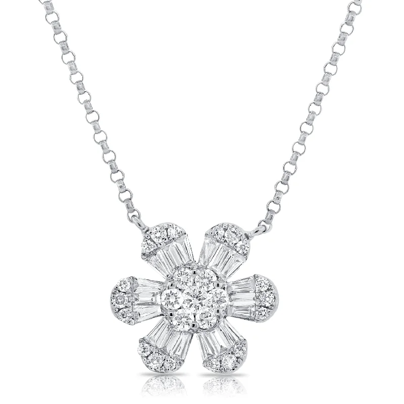 Fashion Necklaces-14K White Gold Baguette Diamond Medium Flower Necklace