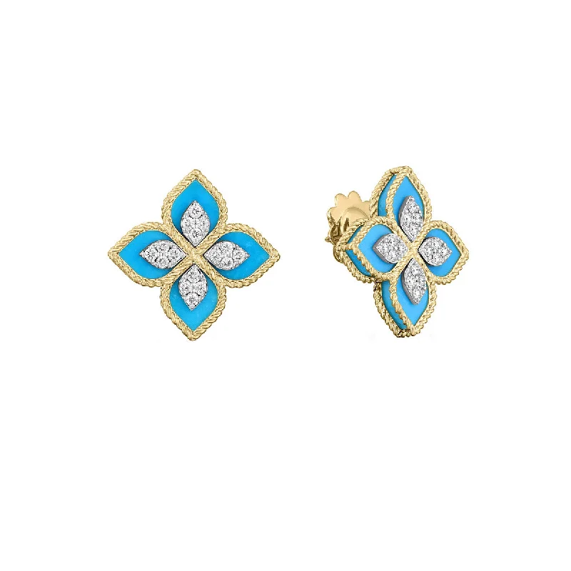 Gold Dangling Earrings-18K Yellow and White Gold Diamond and Turquoise Flower Earrings