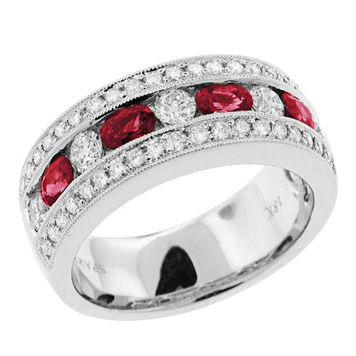 Trendy Rings-Ruby & Pave Diamond Channel Set Wedding Band Stackable Ring 18K