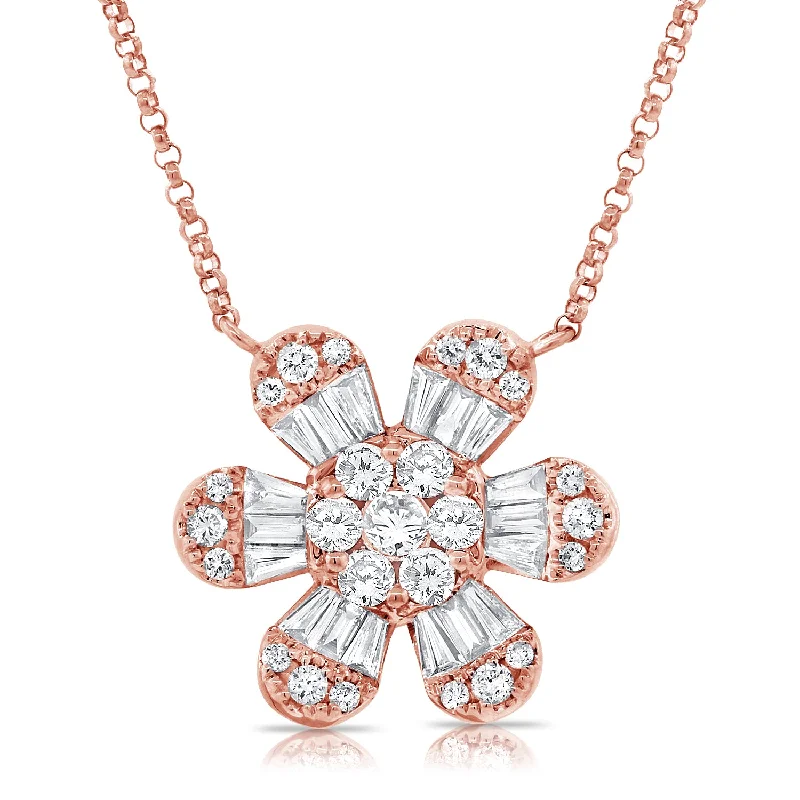 Sparkling Necklaces-14K Rose Gold Baguette Diamond Large Flower Necklace