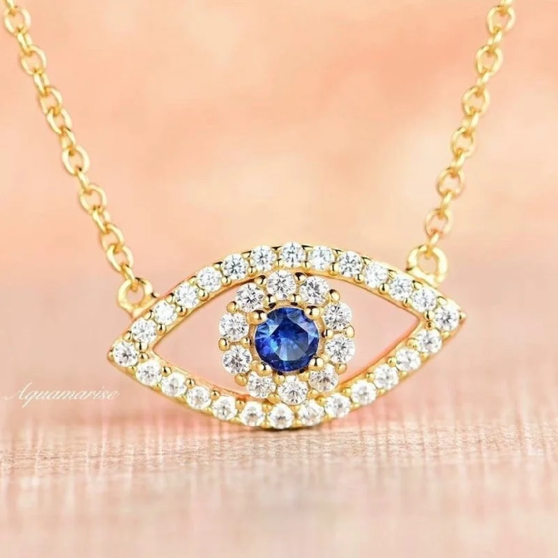 Simple Gold Necklaces-Evil Eye Sapphire Necklace- 14K Yellow Gold Vermeil