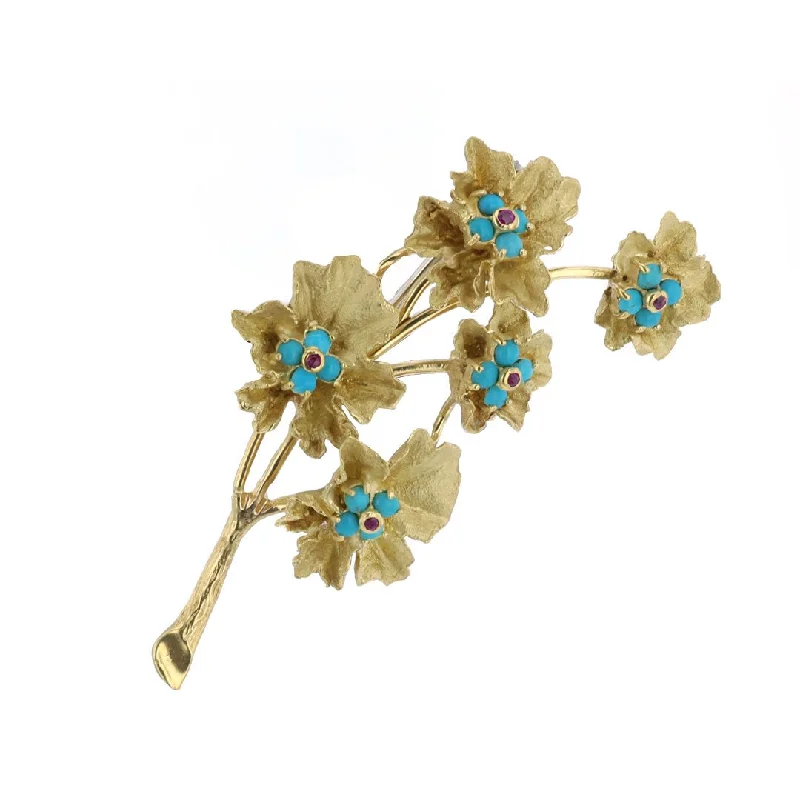 Brooch with Pearls and Gems-Turquoise & Ruby Flower Brooch