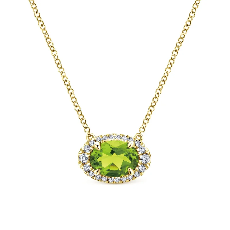 Multicolor Necklaces-14K Yellow Gold Diamond Oval Halo + Peridot Necklace