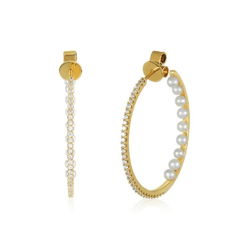 Elegant Diamond Earrings-Inside Out Diamond & Pearl Hoops