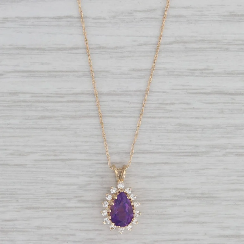 Fine Gold Necklaces-Amethyst Diamond Halo Teardrop Pendant 14k Yellow Gold 19.5" Rope Chain Necklace